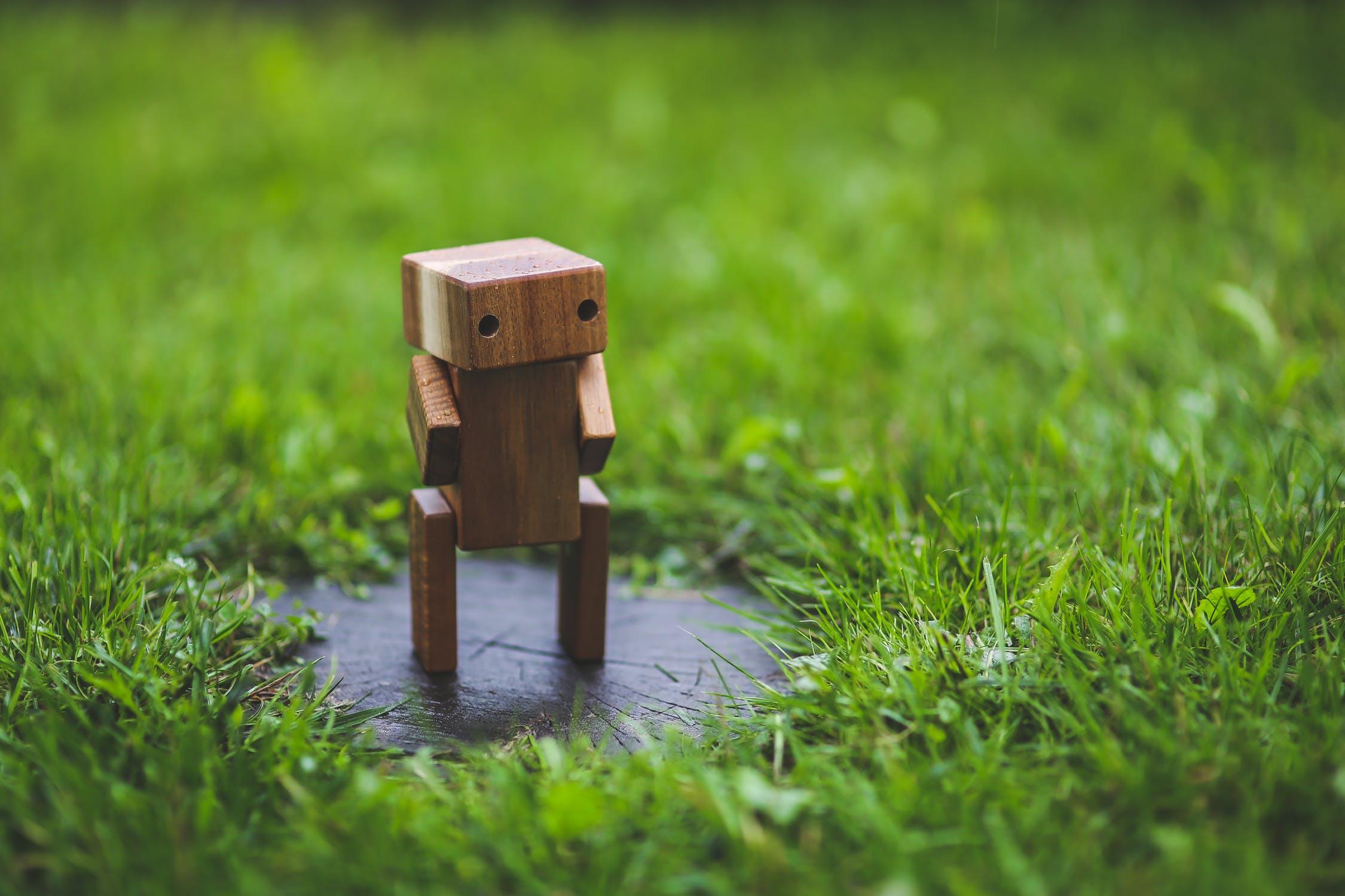 wooden robot in a patch of grass