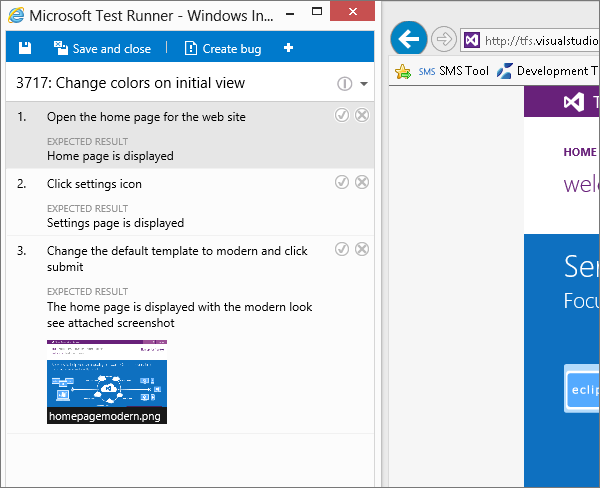 A screen showing a manual test run in VSTS