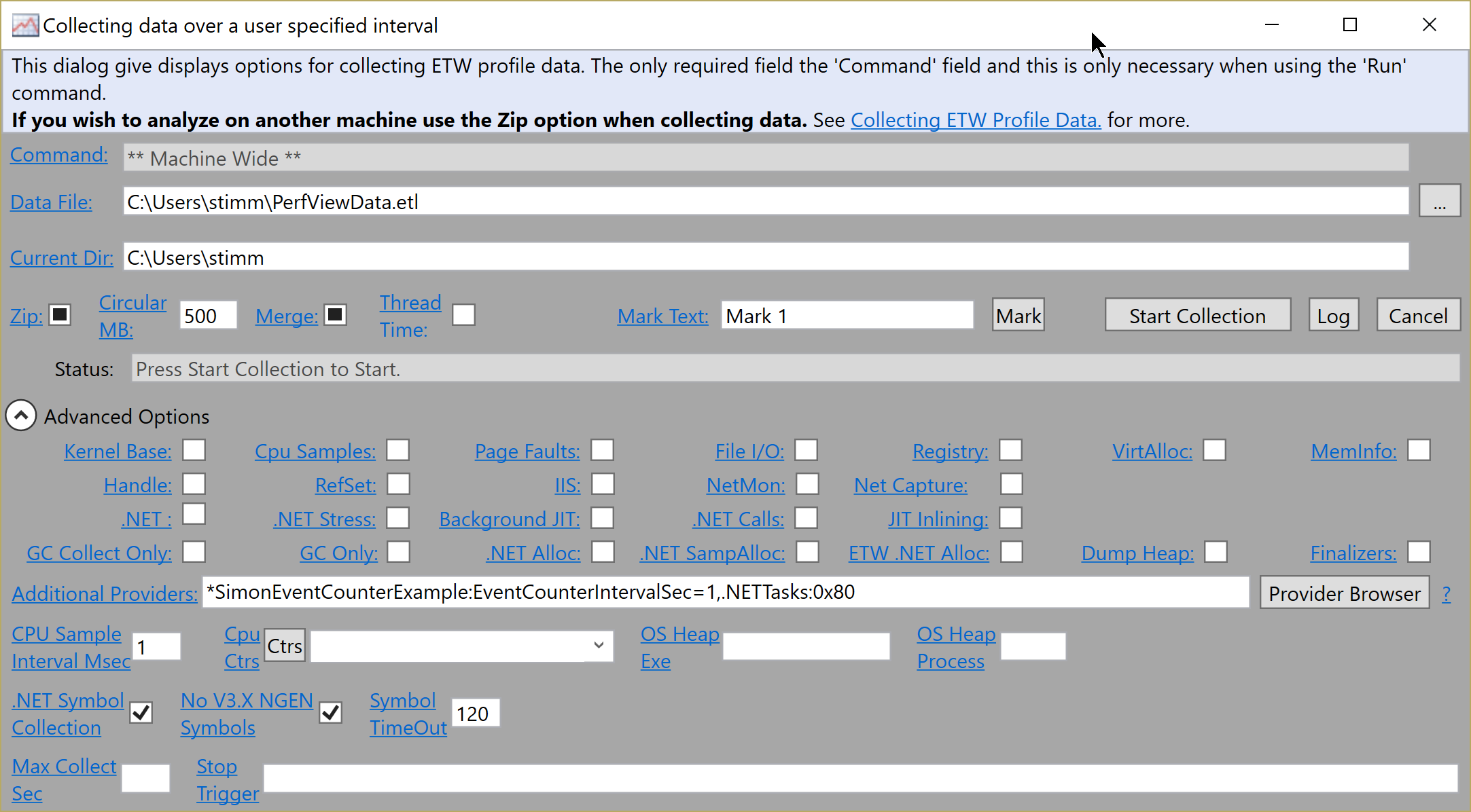 A view of the capture window from PerfView. It is ugly with a dozen checkboxes and links and misaligned fields. It is a window only a mother could love.