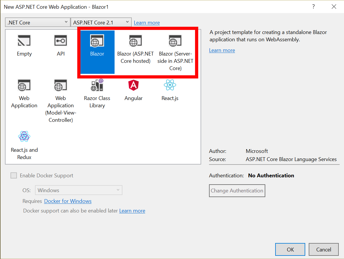 The ASP.NET Core web application template selection dialog showing 3 Blazor templates