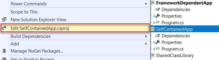 Shows the extra step to make this into a self-contained application. Right-click the project file and click Edit Project like in the image below: