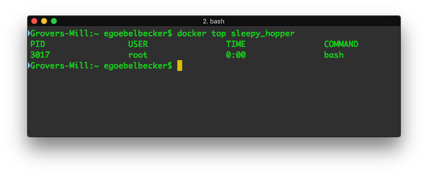 The Ubuntu container's status is Up. Let's see what's going on inside: