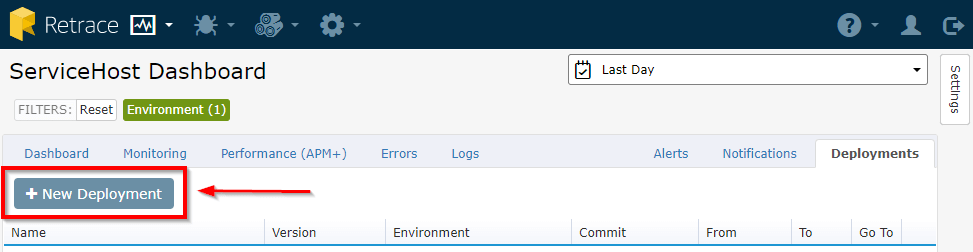 Retrace also provides an option to bypass the API and directly enter deployment information from the Dashboard. Deployments created using the UI bypass the request pipeline and are immediately accepted as valid deployments.It is as simple as clicking the ‘New Deployment’ button.