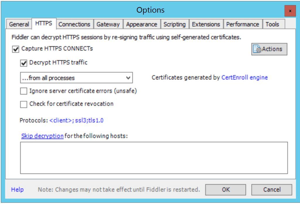 HTTPS intercept options dialog. Selecting Decrypt HTTPS traffic will insert a new certificate in the certificate chain