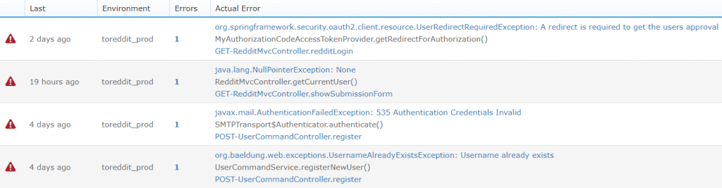 For each of these, you’ll be able to view the full stack trace, plus other helpful data like the exact time of the error, the log generated by the error, other occurrences of it and a list of similar errors.