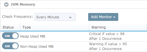 Let’s set up two monitors for JVM heap and non-heap memory