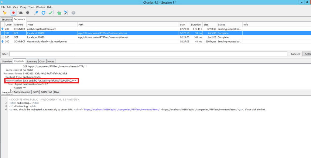 Charles showing the authorization header being passed as part of the request. It is clear what the redirect did by examining the next request below it in the top panel.