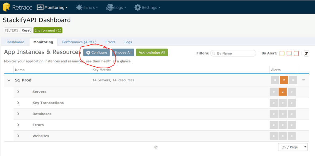 To modify how Retrace monitors your application, select your application, go to monitoring, and then click configure.