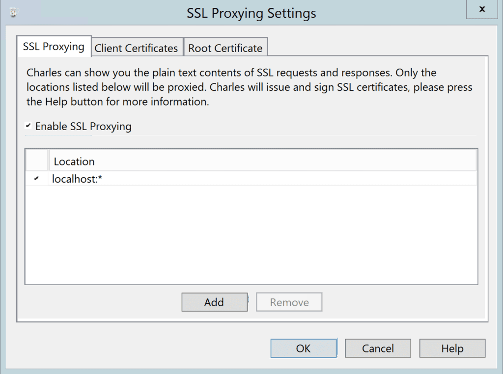 options dialog for SSL interception in Charles