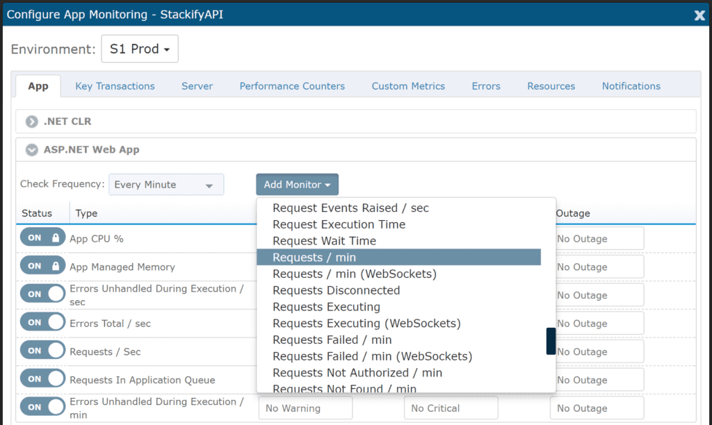 You can expand any of these groups and select any standard ASP.NET performance counter from a drop down list.