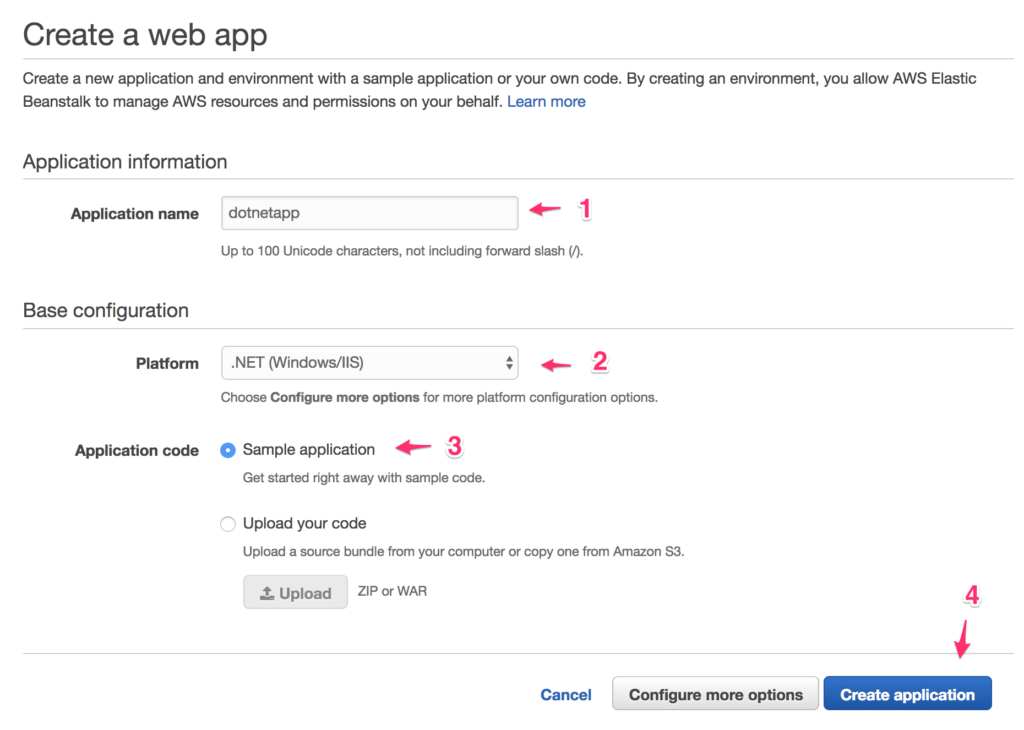 Creating a .NET Application in AWS Beanstalk - Screenshot of basic information you need