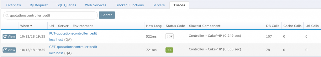 Another great way to drill in is to click on "Traces." For example, I want to improve this particular requested action: GET-quotationscontroller::edit.