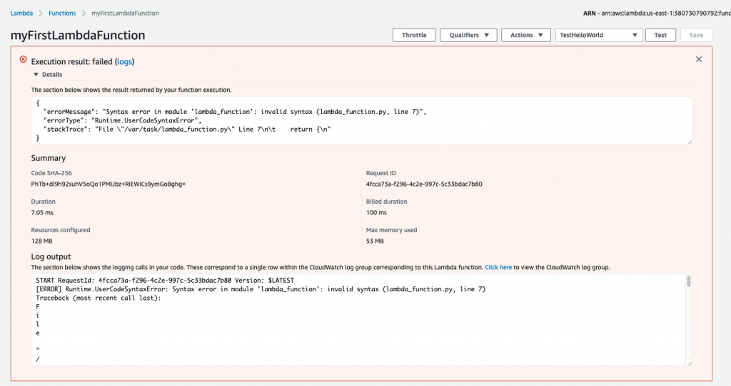 lambda execution failed