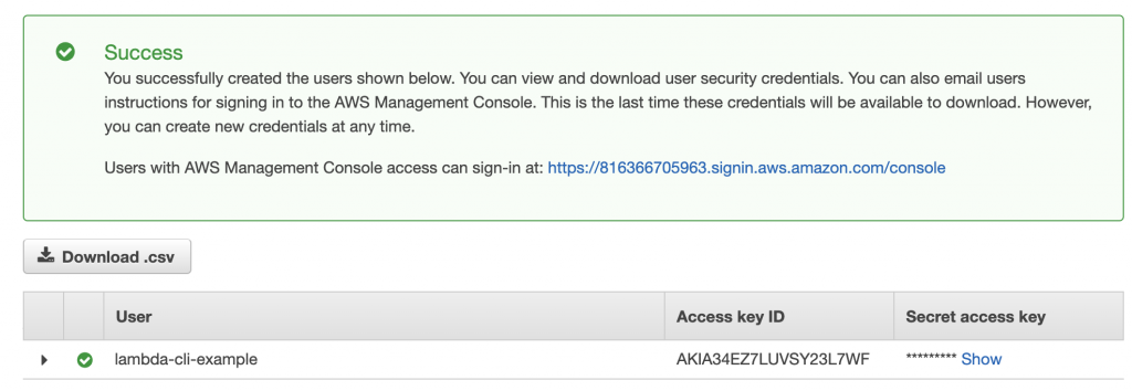 AWS Create User Success