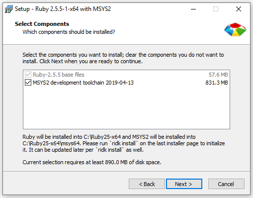 Ruby Installer Select Components