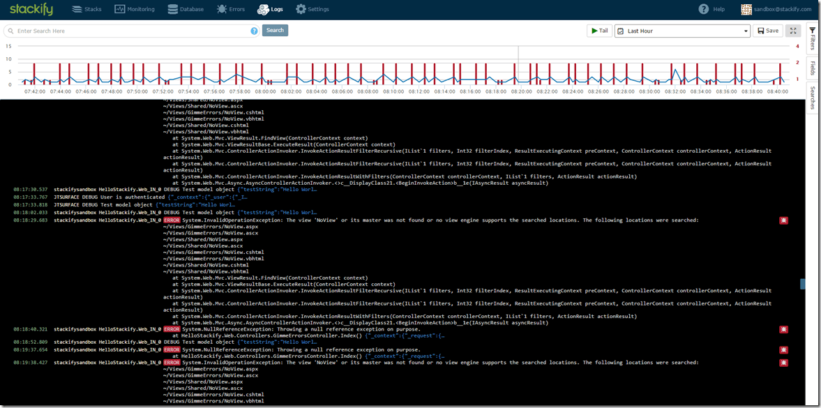 This dashboard shows a consolidated stream of log data, coming from all your servers and apps, presented in a timeline.