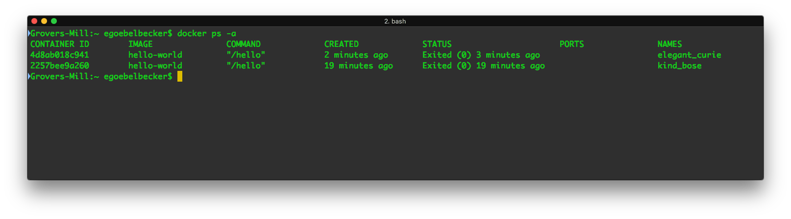 output of docker ps -a with 2 containers