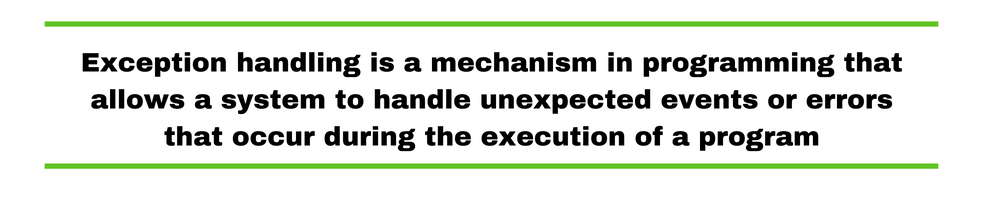 Exception handling is a mechanism in programming that allows a system to handle unexpected events or errors that occur during the execution of a program