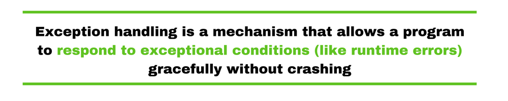 Exception handling is a mechanism that allows a program to respond to exceptional conditions (like runtime errors) gracefully without crashing