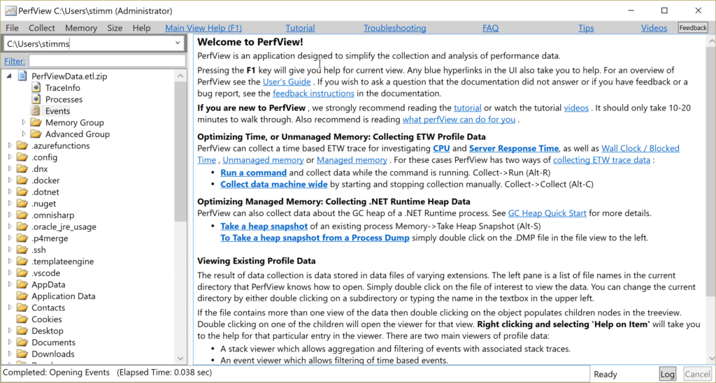 The PerView application showing a file browser on the left and help text on the right. In the browser an existing ETL session dump is selected. 