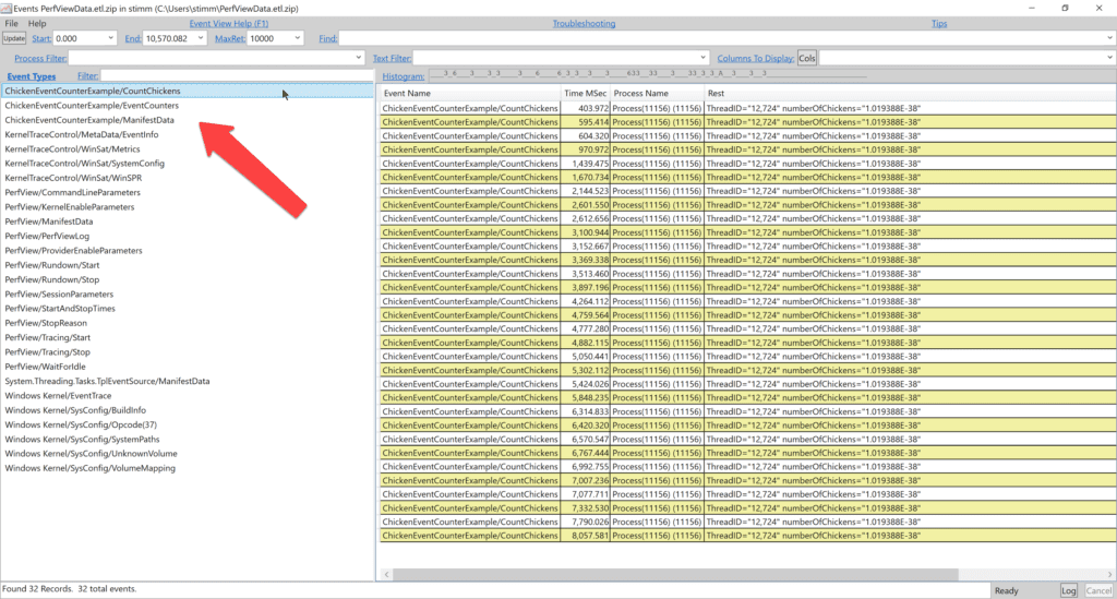 The PerView screen with two new event sources related to our new counter