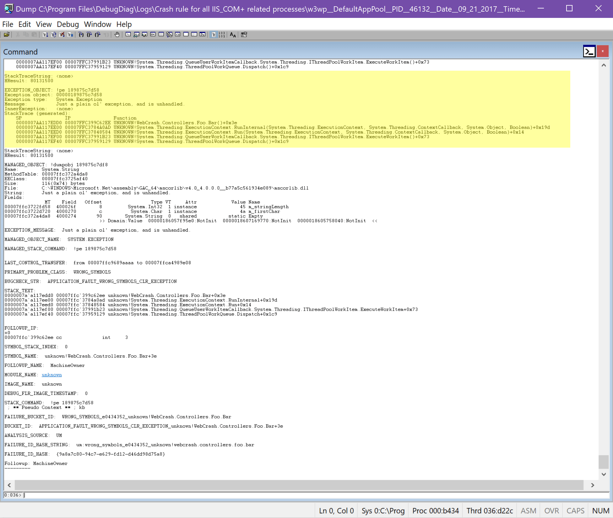 get an analysis of the dump with a call stack similar to what DebugDiag showed