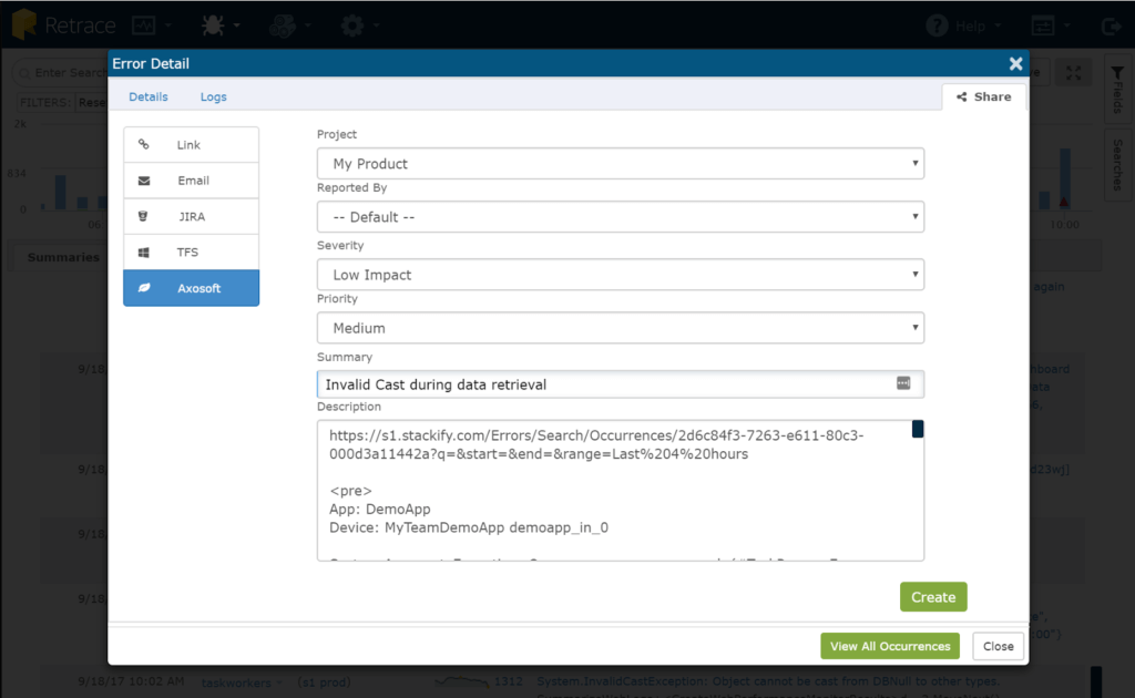 Retrace Axosoft Error Detail