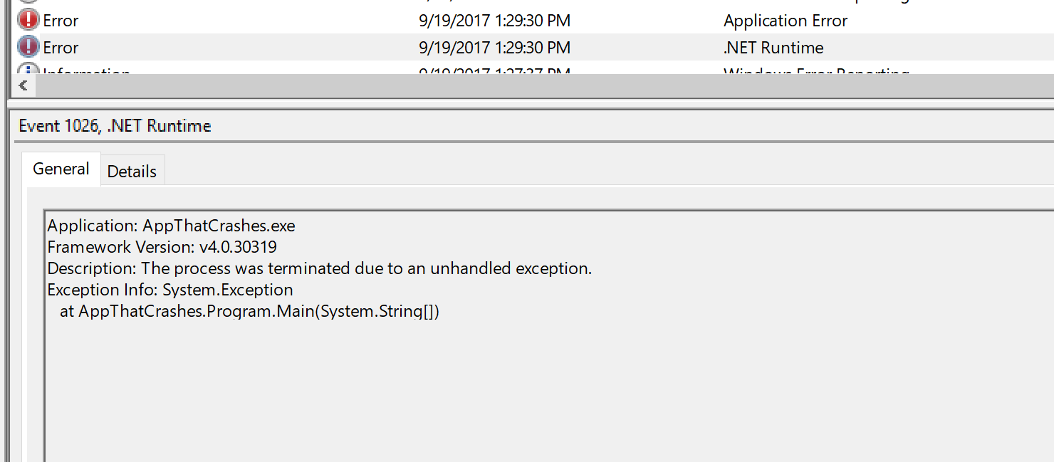 From the over-simplified example above with a console app, you can see the events around our crash in the Windows Event Viewer: