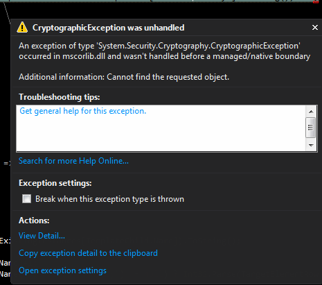 Visual Studio screenshot showing how to break an exception