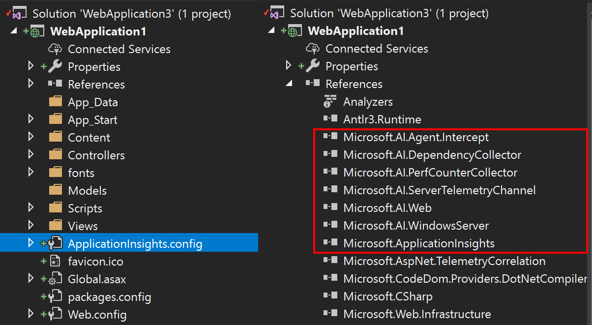 Below are a couple screenshots showing the ApplicationInsights.config and added project dependencies.