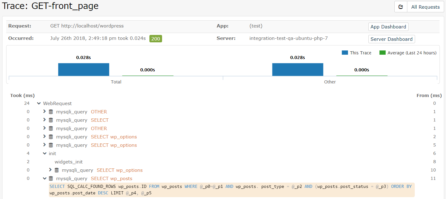 Within the PHP trace view, you can also see the individual SQL queries being called for a specific web request.