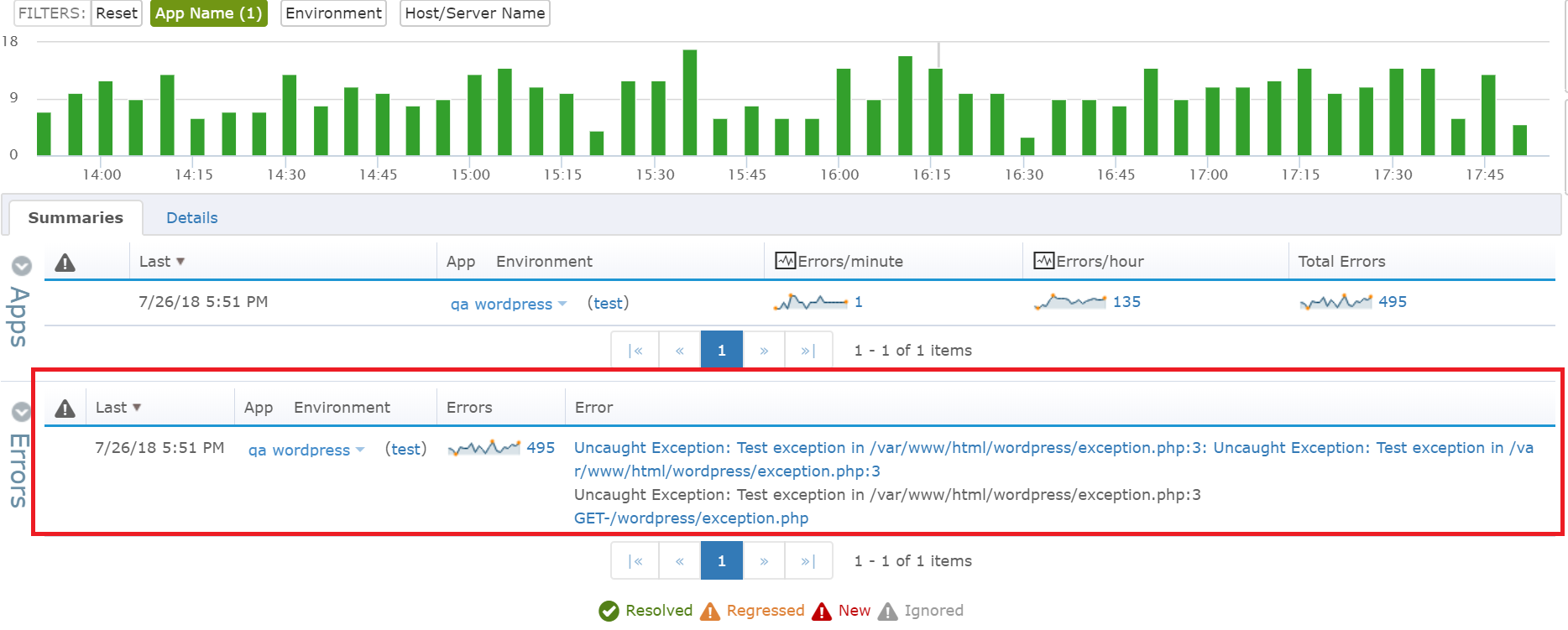 Errors can be seen for just a specific application or across all applications