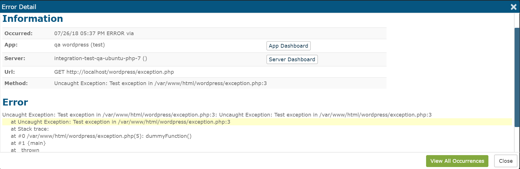 Below is a sample error detail screen in Retrace. You can view the URL, full stack trace, headers, and other important information. This provides more context about the error that occurred.