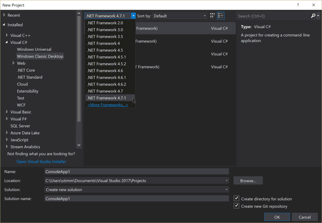 Screenshot of creating a new Visual Studio C# project and select .NET Framework 4.7.1